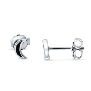 Tiny Crescent Moon New Design Simulated Black Onyx Stud Earrings 925 Sterling Silver